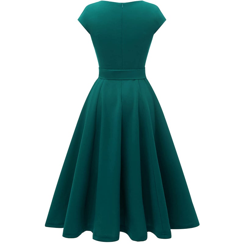 DRESSTELLS Cocktail Dresses for Women, 2023 Vintage Christmas Party Holiday Dress, Modest Fall Winter Wedding Guest Formal 1950s Church Bridesmaid Dress Turquoise S - Image 4